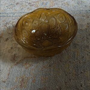 Vintage Amber Glass Bowl with Intricate Design